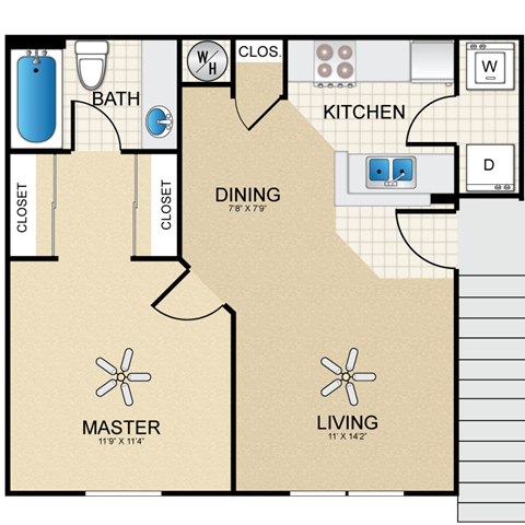 Floor plan for 1 bed, 1 bath, 557 sqft